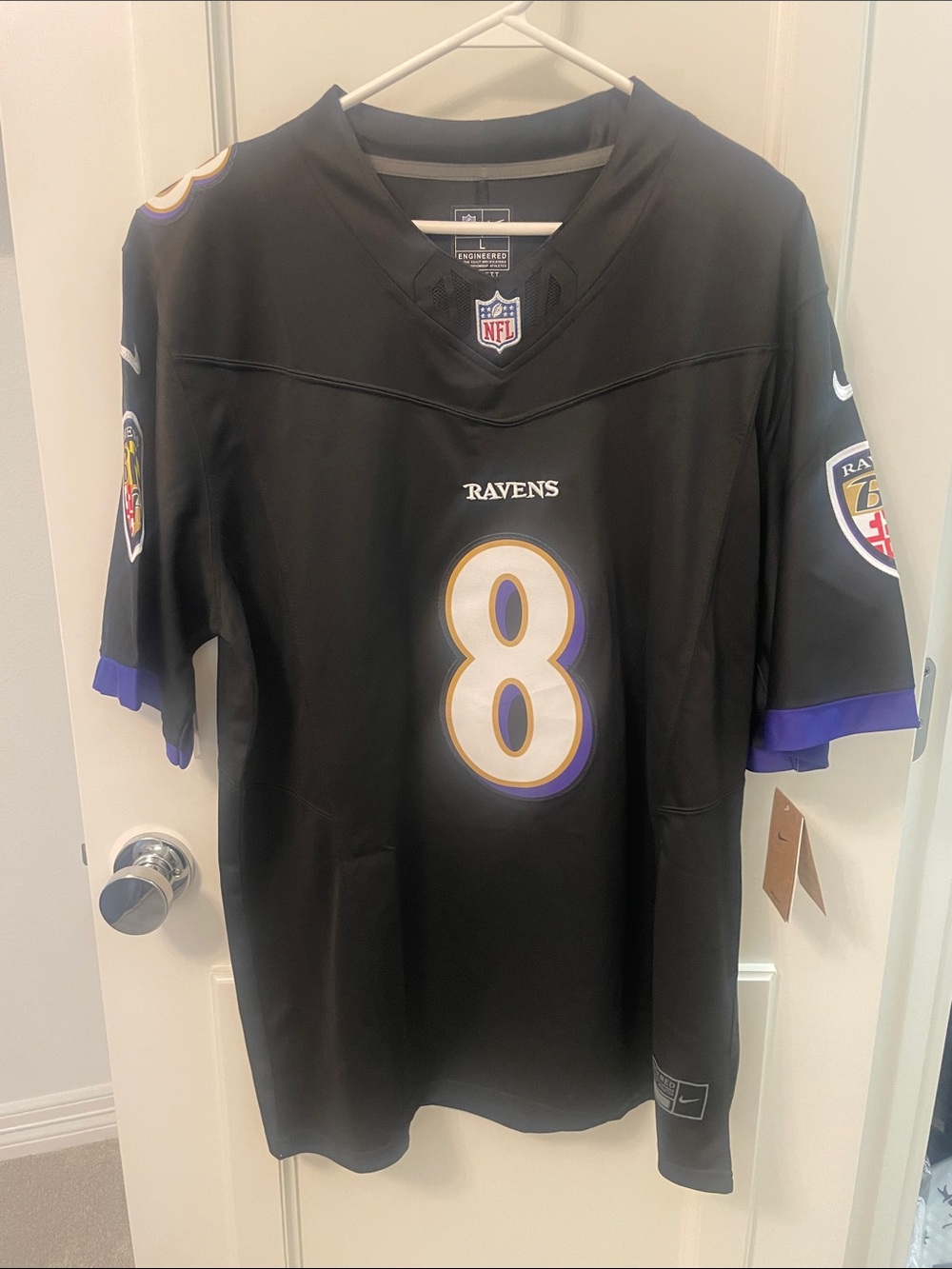 Nike Baltimore Ravens #8 Lamar Jackson Black Jersey with Purple and Gold Accents